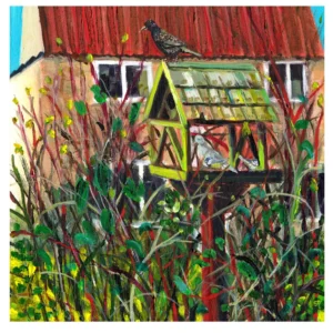 Colourful acrylic painting of a garden bird table with dove, starling and blue tit feeding among wild garden plants beside a rural cottage by Artist Sue Dewhurst.