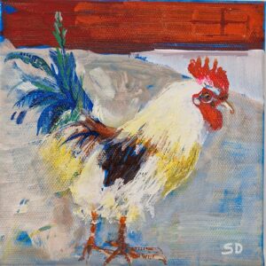 Eddie Cock-ran , colourful rooster painting by Sue Dewhurst
