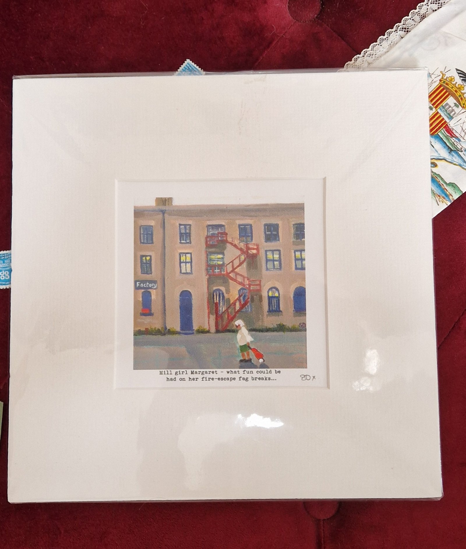 Wrapped signed giclée print of Mill Girl Margaret by Sue Dewhurst, from the Owd Lasses Northern art collection.