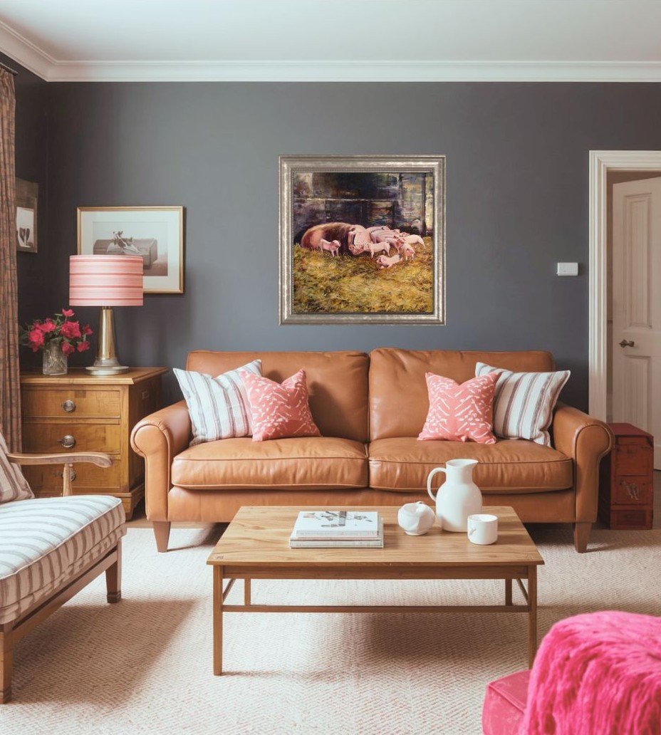 Teifi’s Pigs original Welsh rural painting displayed in a contemporary country house living room
