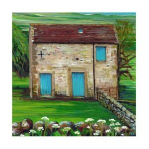 Wensleydale barn blue doors Yorkshire Dales art print stone cow house rural landscape
