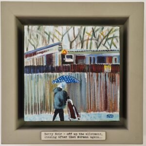 Betty Noir original Northern narrative painting by British artist Sue Dewhurst featuring an Owd Lass walking beside the allotments with umbrella and shopping trolley
