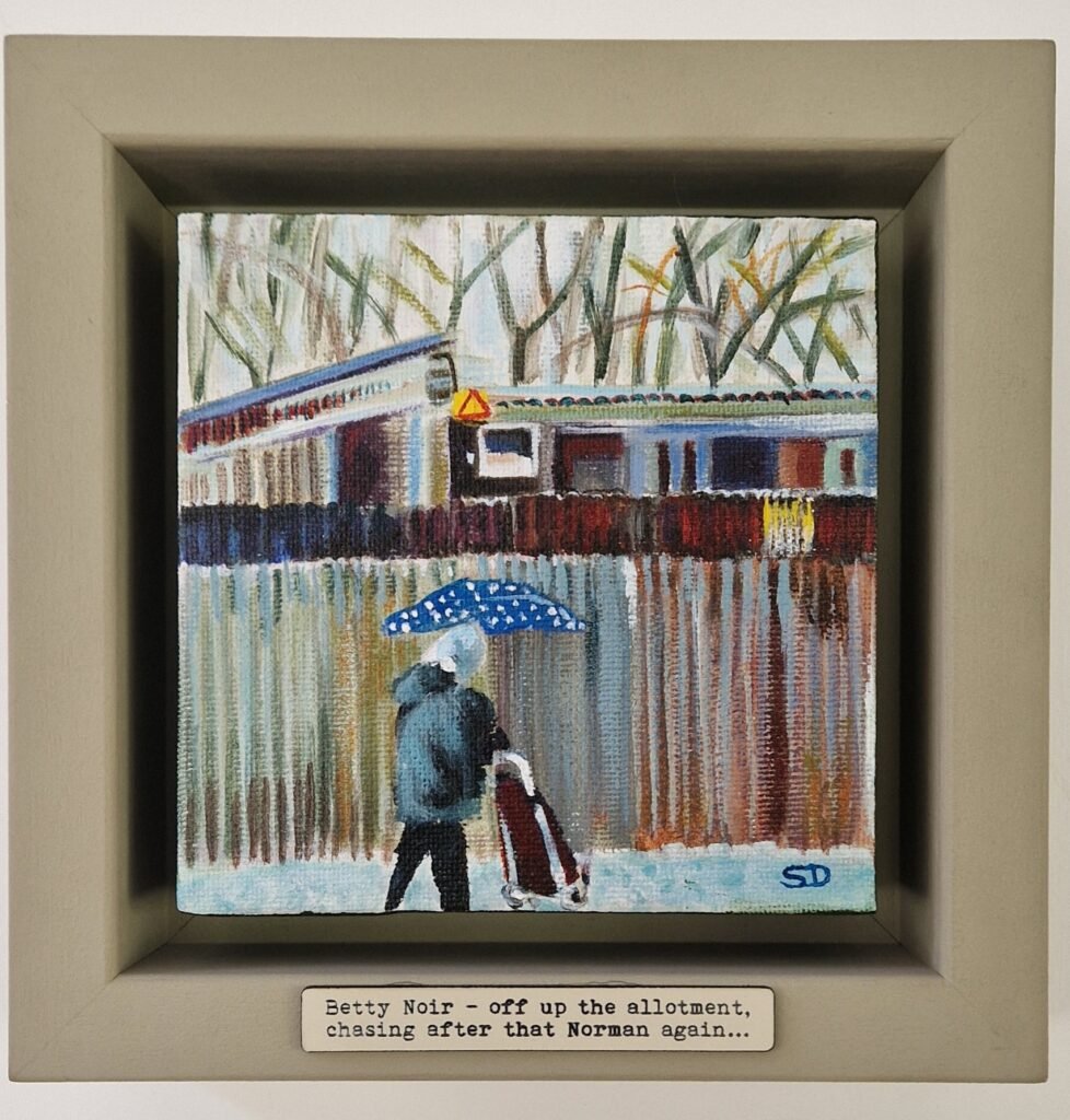 Betty Noir original Northern narrative painting by British artist Sue Dewhurst featuring an Owd Lass walking beside the allotments with umbrella and shopping trolley
