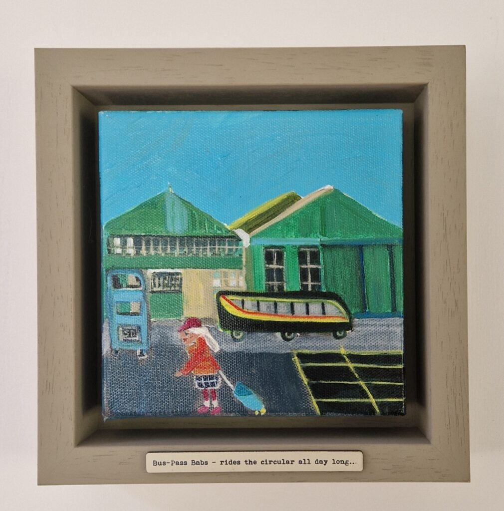 Bus-Pass Babs original Northern narrative painting by British artist Sue Dewhurst inspired by Blackpool bus station and working-class British life