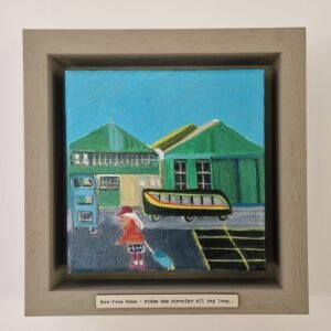 Bus-Pass Babs original Northern narrative painting by British artist Sue Dewhurst inspired by Blackpool bus station and working-class British life