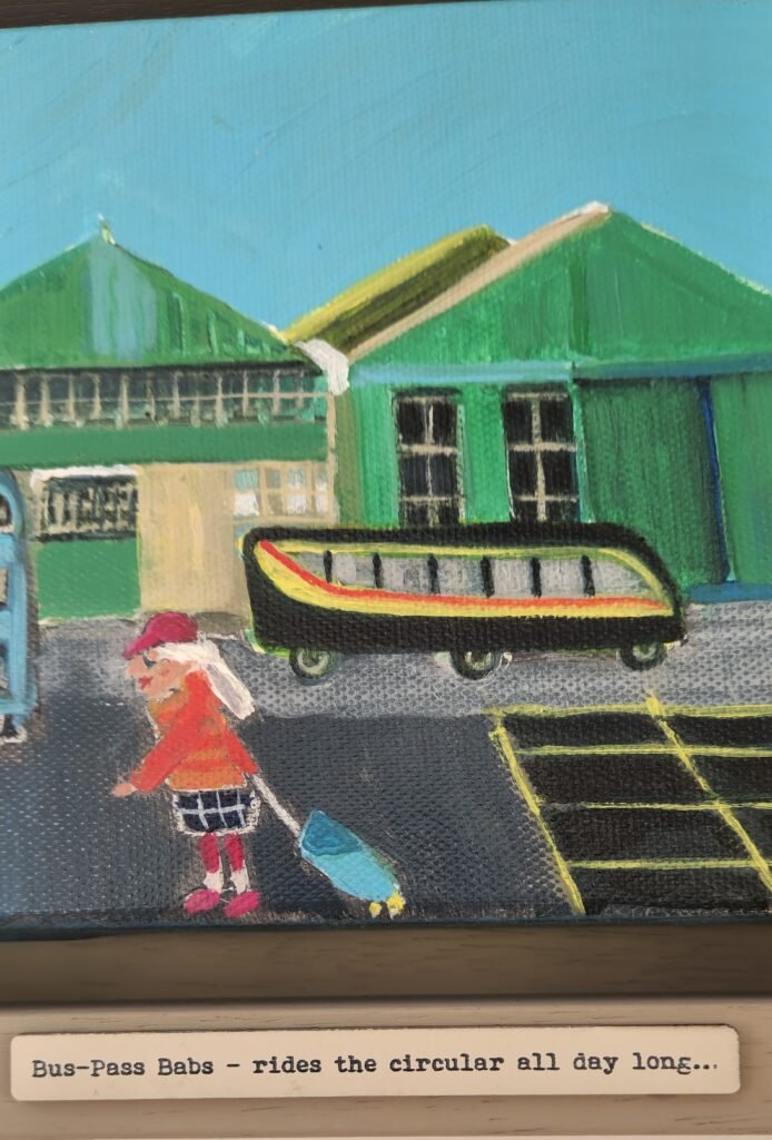 Bus Pass Babs, an Owd Lass character painting by British artist Sue Dewhurst, inspired by working-class women, humour, resilience and everyday British life.