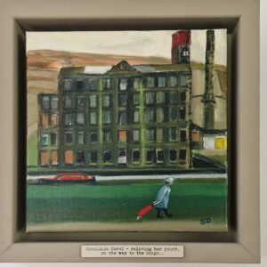 Canalside Carole original Northern narrative painting by British artist Sue Dewhurst featuring Woodhouse Mill beside the Rochdale Canal