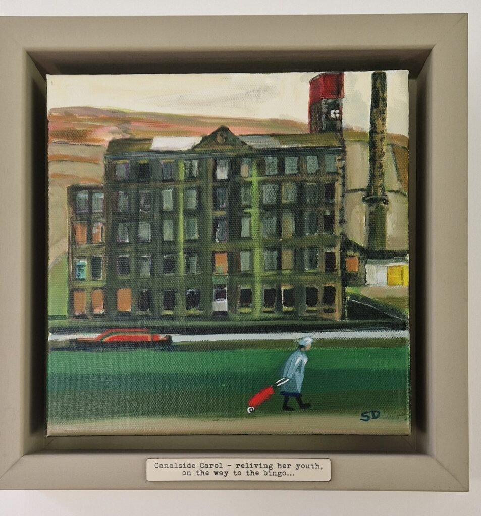 Canalside Carole original Northern narrative painting by British artist Sue Dewhurst featuring Woodhouse Mill beside the Rochdale Canal