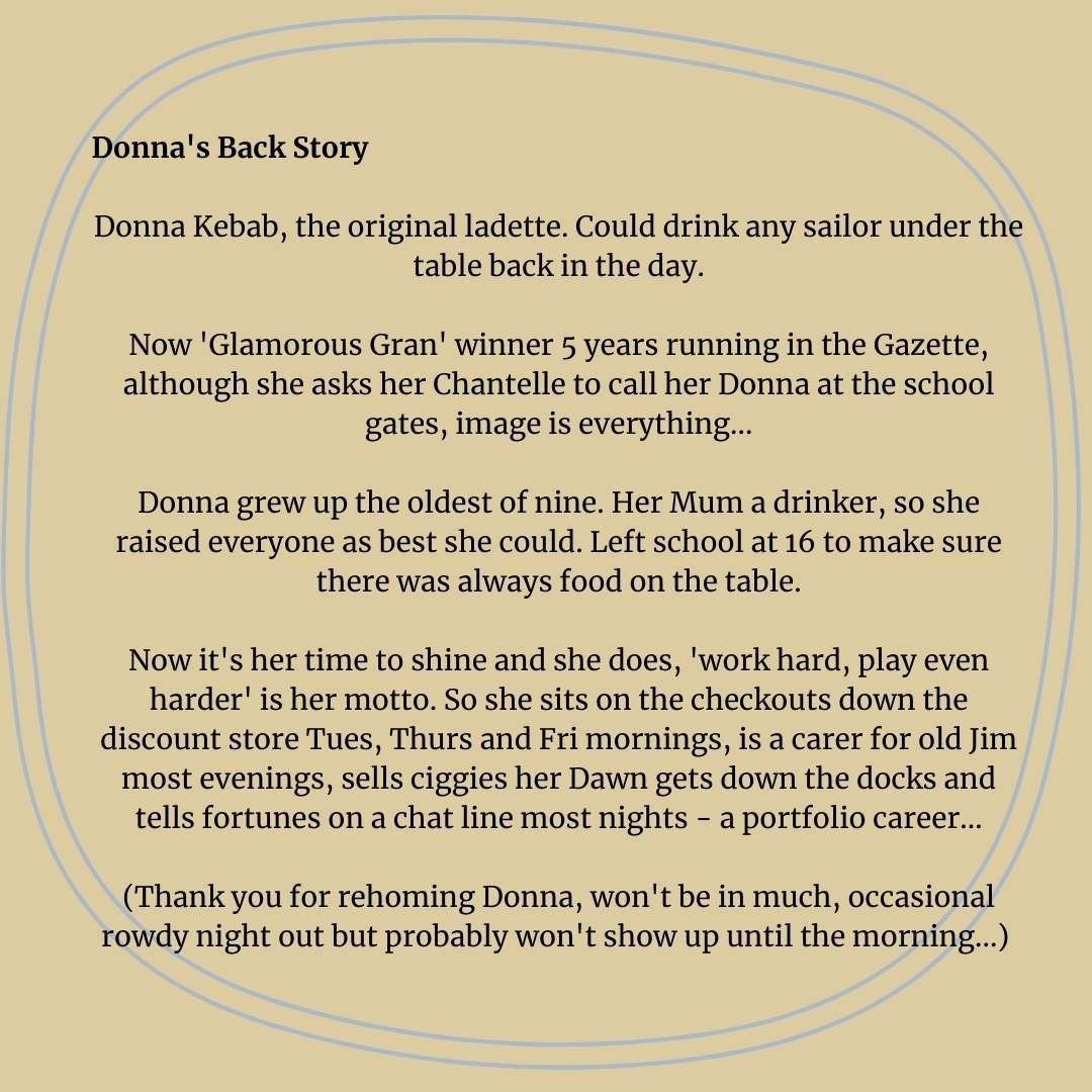 Backstory for Donna Kebab one of Sue Dewhurst's Owd Lasses series