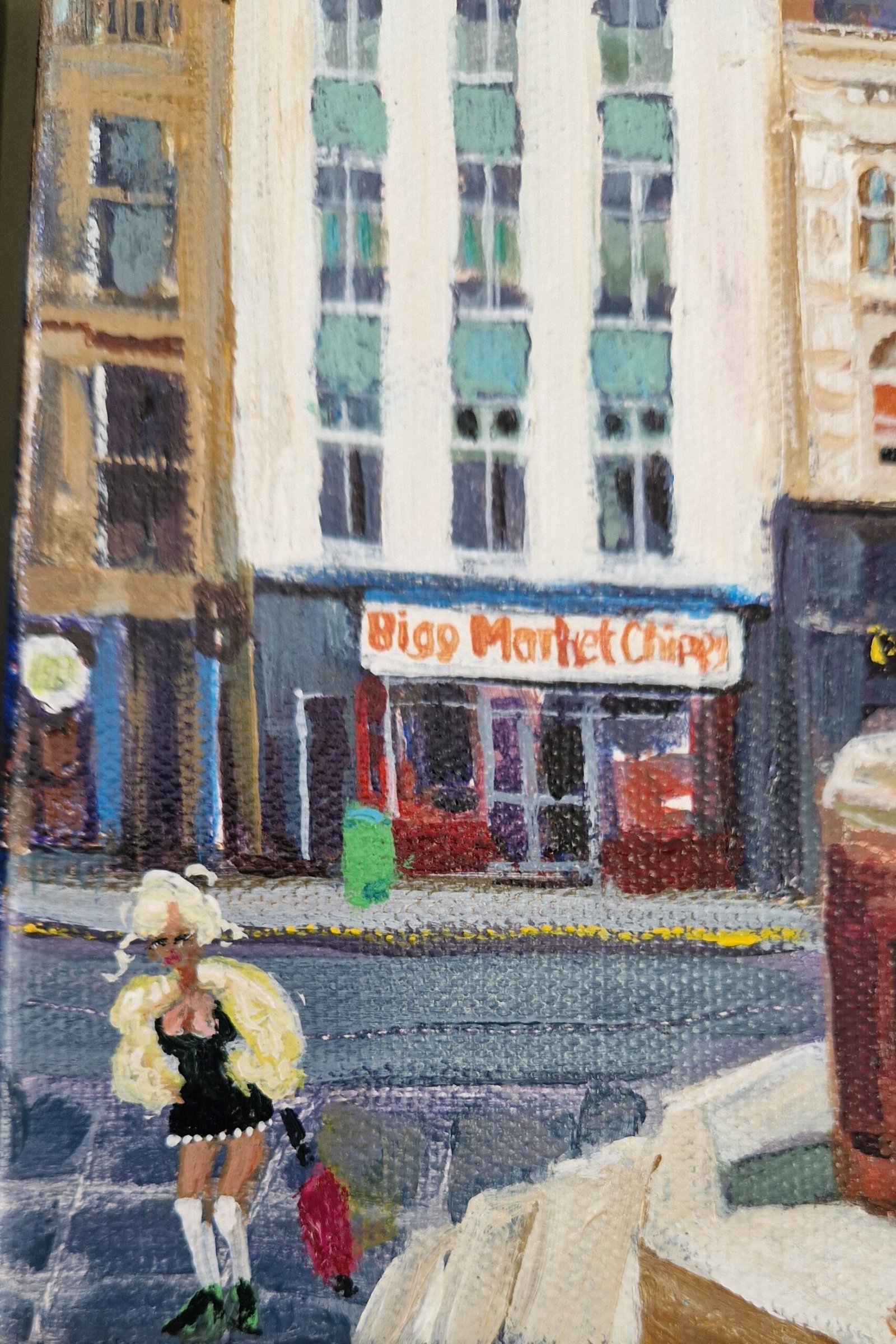 Detail from Donna Kebab contemporary Northern narrative painting by Sue Dewhurst