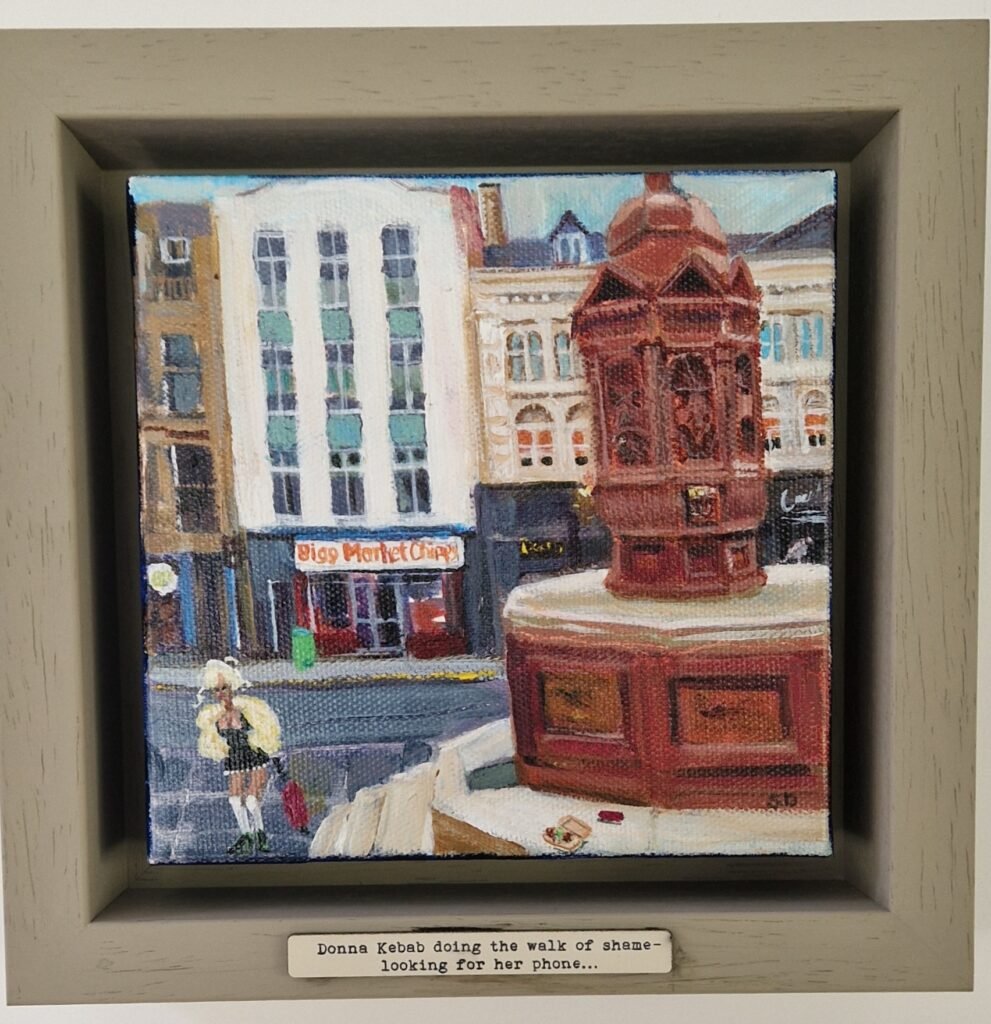 Donna Kebab original Newcastle Bigg Market painting by British artist Sue Dewhurst featuring a glamorous Geordie woman after a night out