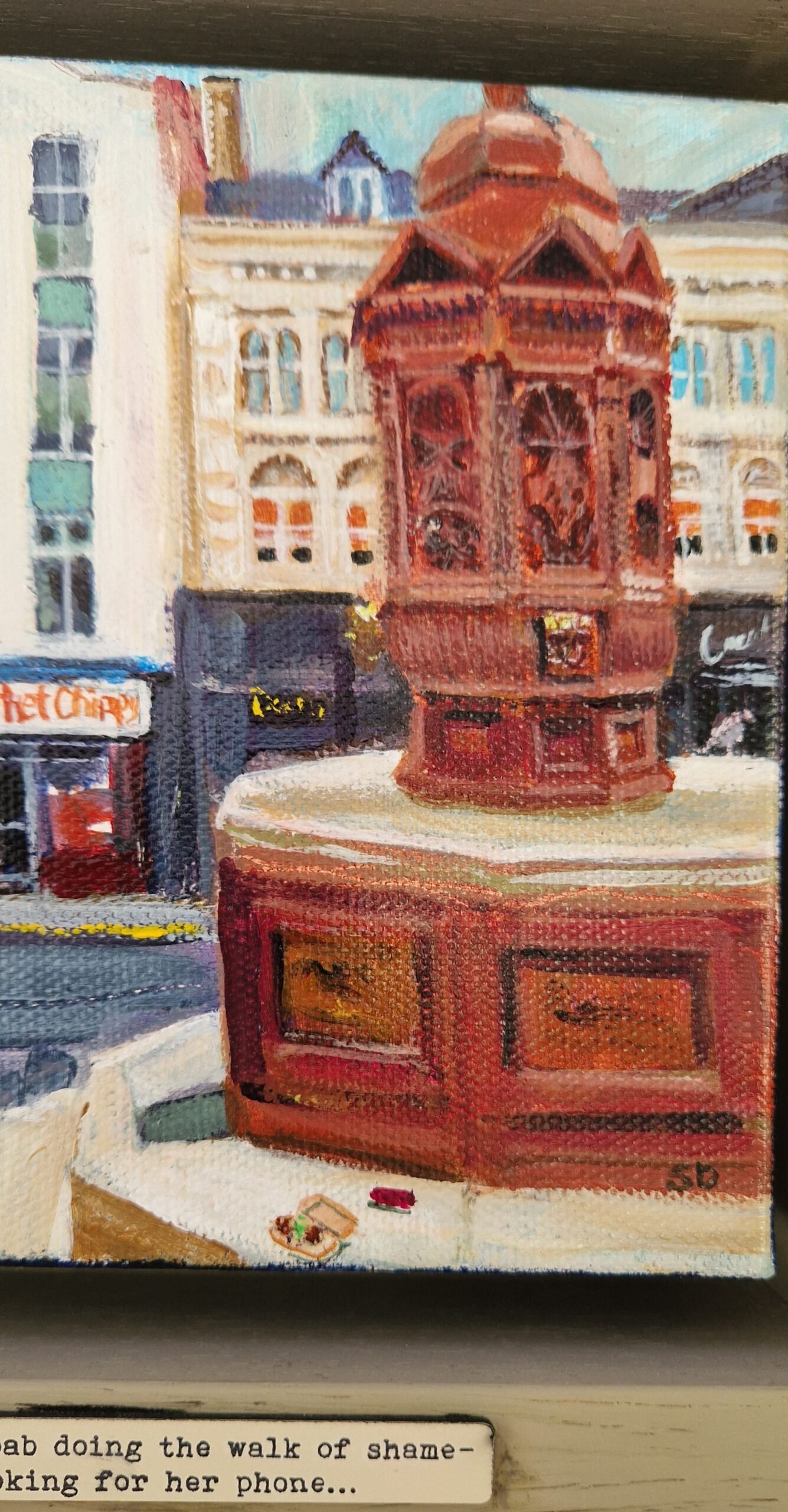 Detail of the water fountain in the Bigg Market from Donna Kebab contemporary Northern narrative painting by Sue Dewhurst