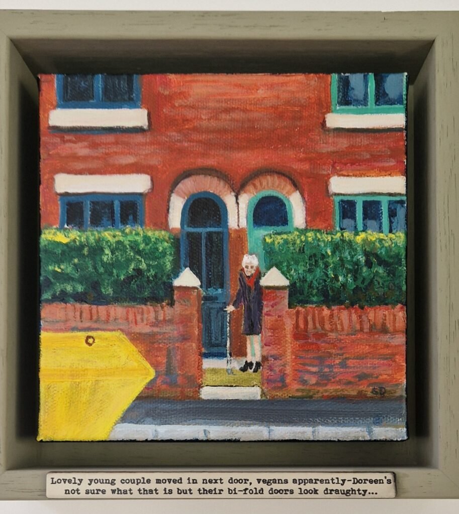 Doreen original Northern narrative painting by British artist Sue Dewhurst inspired by red brick terraces, neighbourly life and working-class Britain