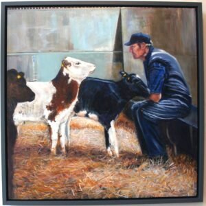 The Stare farmer and calves painting by Sue Dewhurst