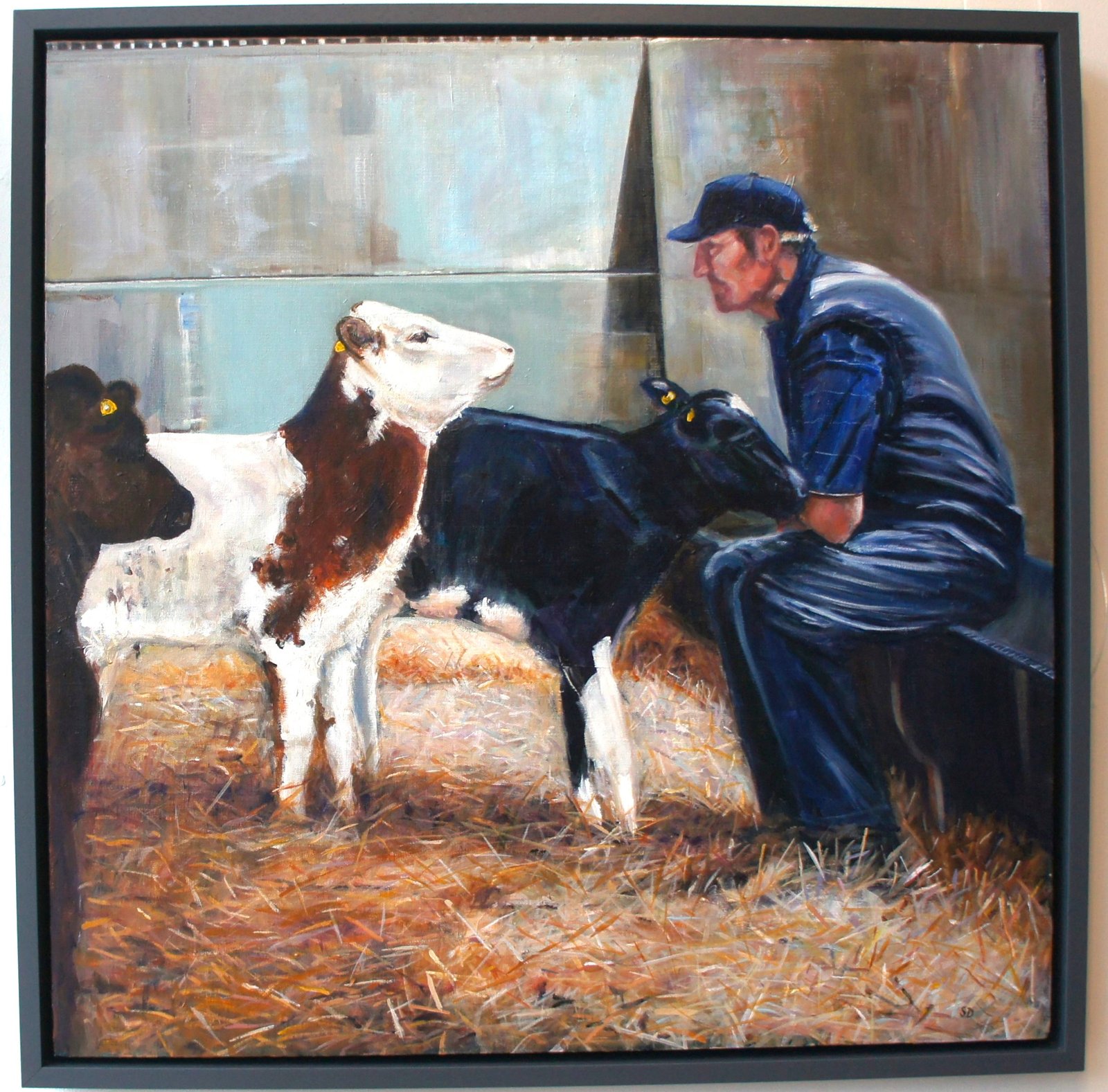 The Stare farmer and calves painting by Sue Dewhurst