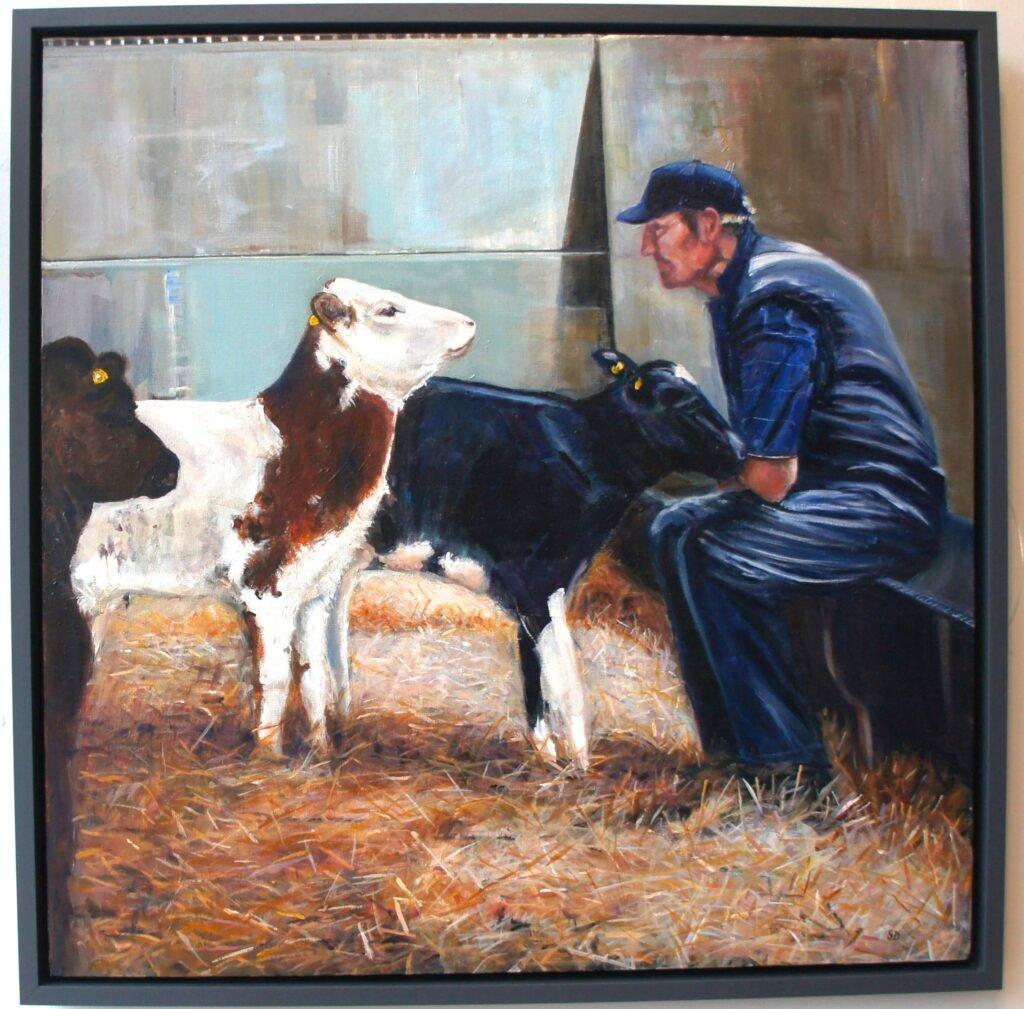 Farmer sitting in barn surrounded by young calves in straw contemporary rural life painting by Sue Dewhurst.