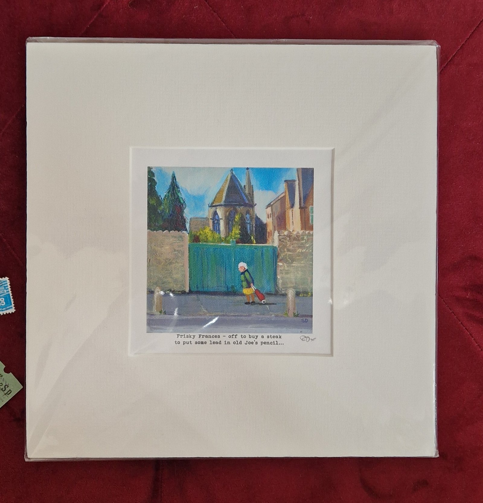 Frisky Frances signed giclée print by Sue Dewhurst in a cream archival acid-free 25cm x 25cm mount