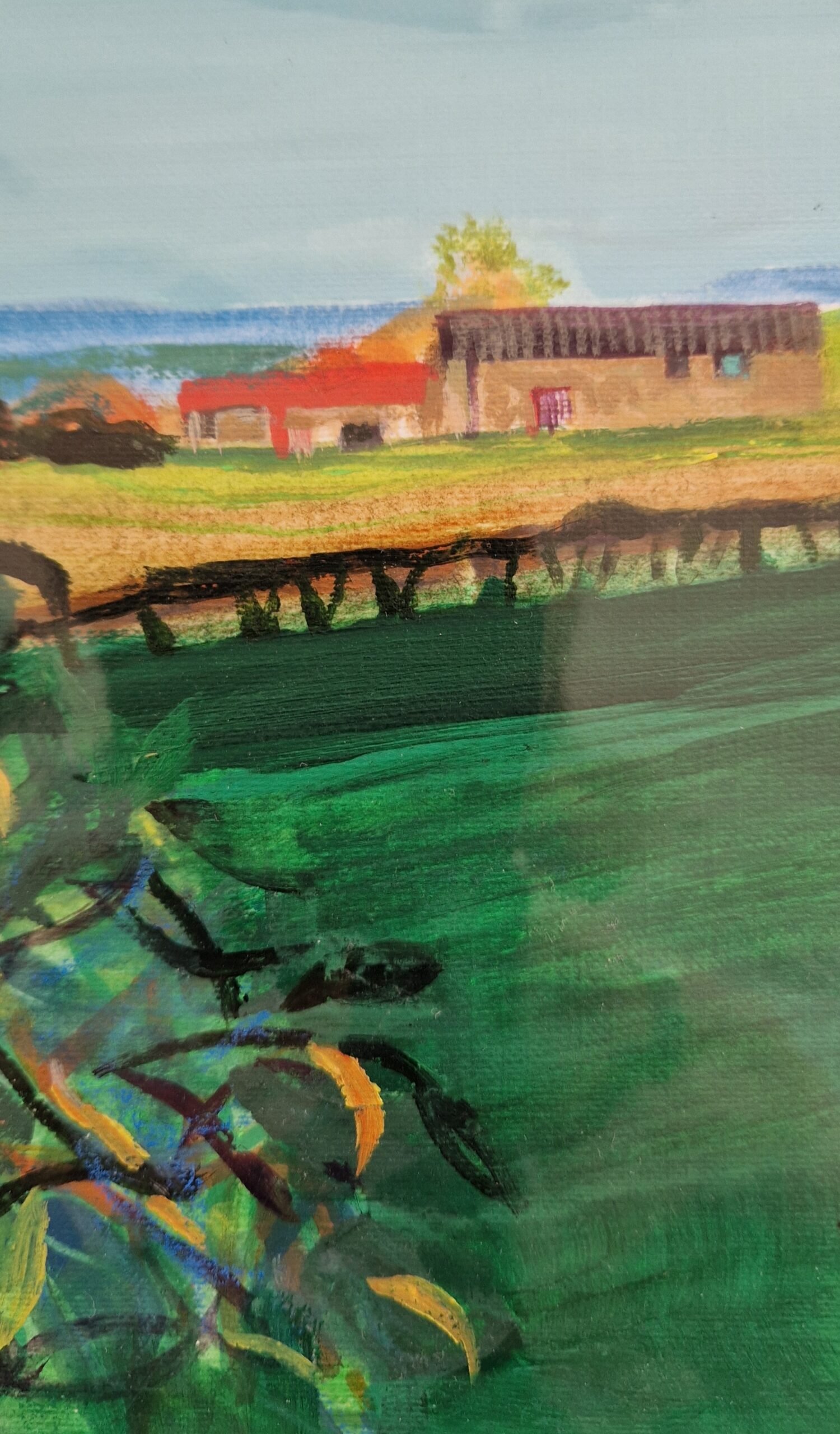 Detail of Green Barn mixed-media painting showing expressive brushwork, layered green fields and rural farm buildings.