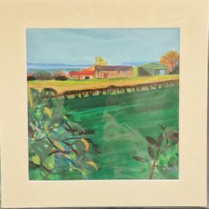 Green Barn original mixed media landscape by Sue Dewhurst showing stone farm buildings, a green metal barn and vivid green fields.