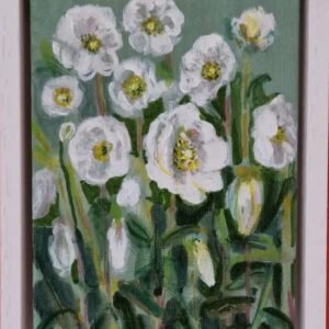 Original hellebore flower painting by Sue Dewhurst showing white spring flowers emerging from woodland leaves
