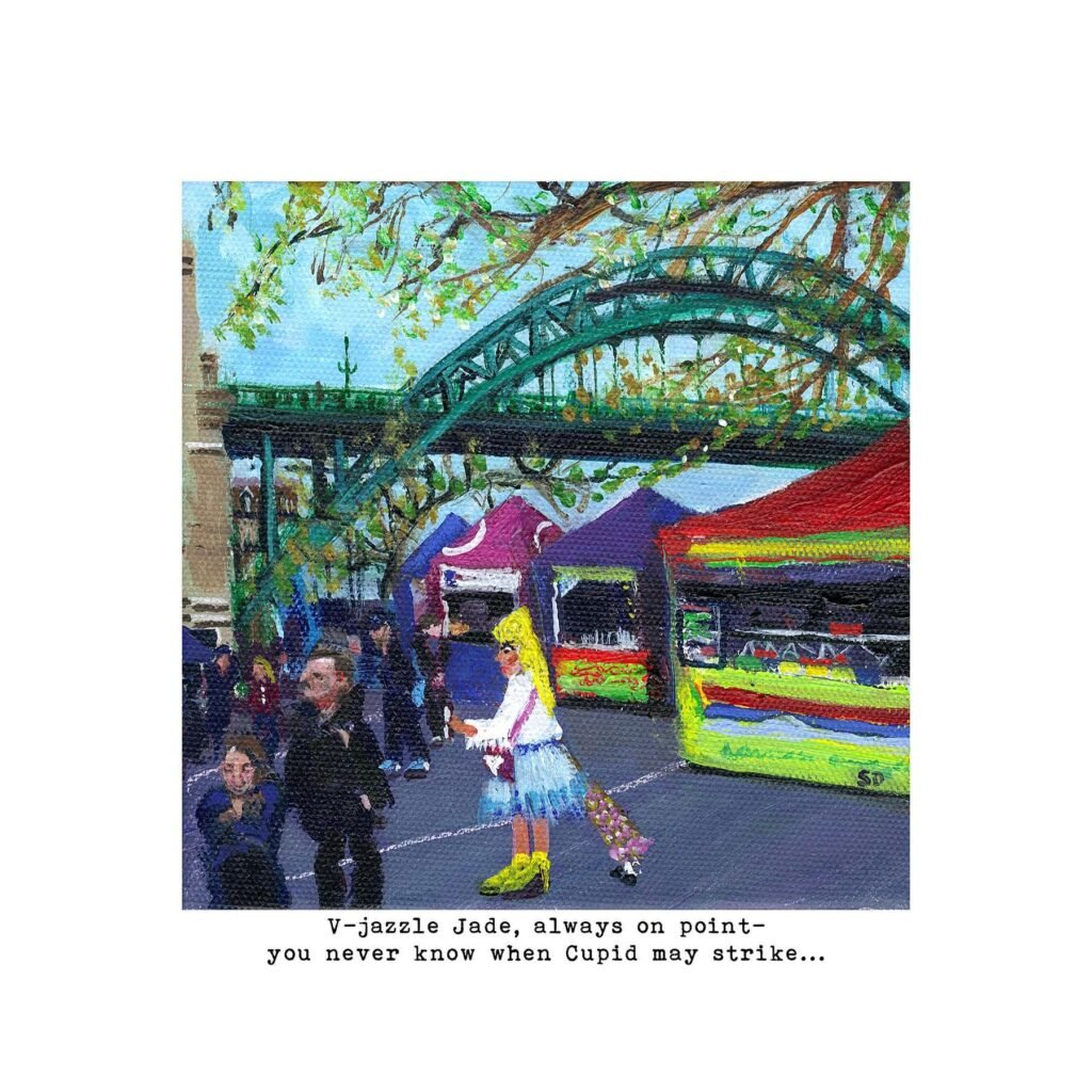 V-jazzle Jade Owd Lasses signed giclée art print by Sue Dewhurst, set at Newcastle Quayside Market