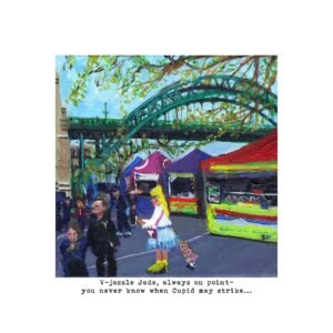 V-jazzle Jade Owd Lasses signed giclée art print by Sue Dewhurst, set at Newcastle Quayside Market