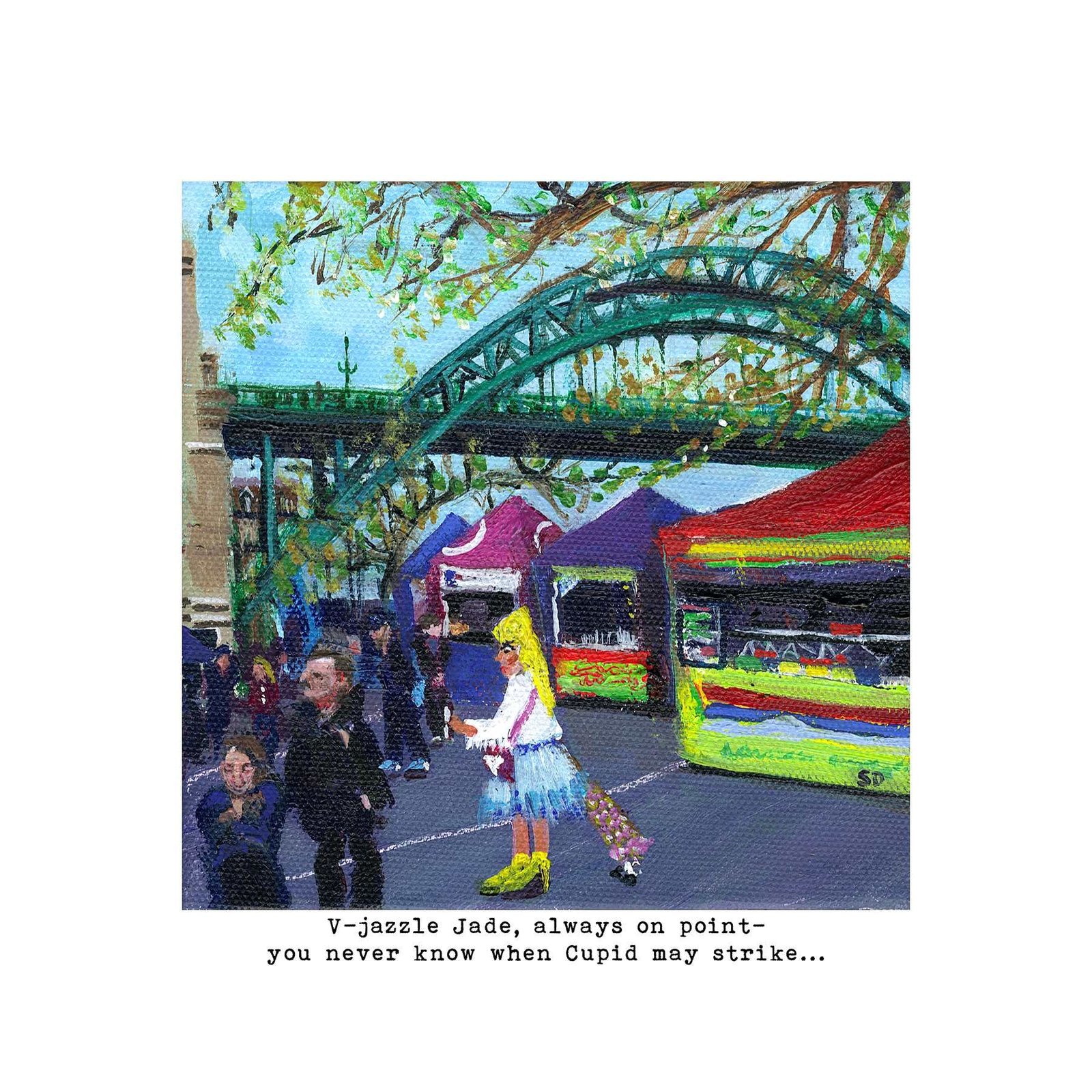 V-jazzle Jade Owd Lasses signed giclée art print by Sue Dewhurst, set at Newcastle Quayside Market
