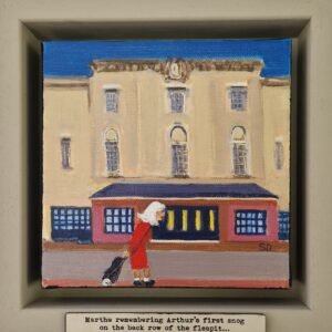 Original British character painting of a woman in a red coat standing outside a cinema, recalling a first kiss, framed artwork with handwritten caption