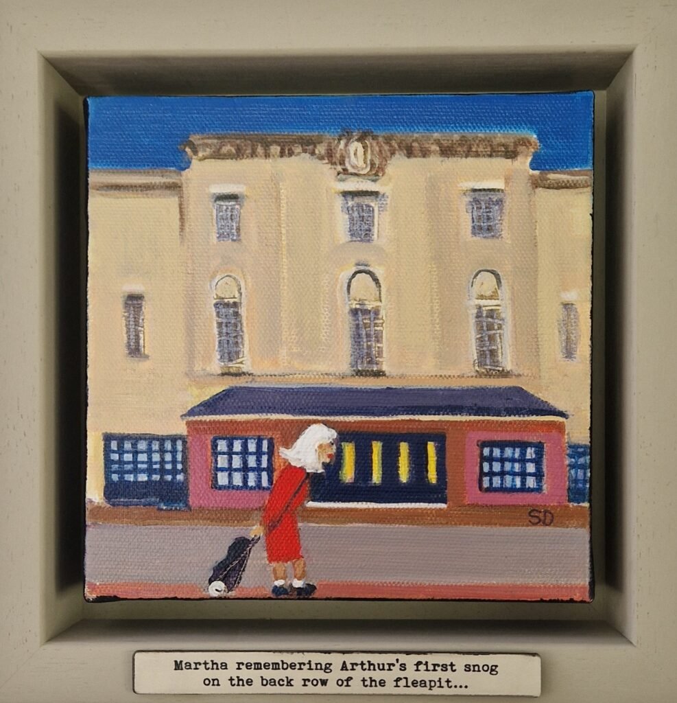 Original British character painting of a woman in a red coat standing outside a cinema, recalling a first kiss, framed artwork with handwritten caption