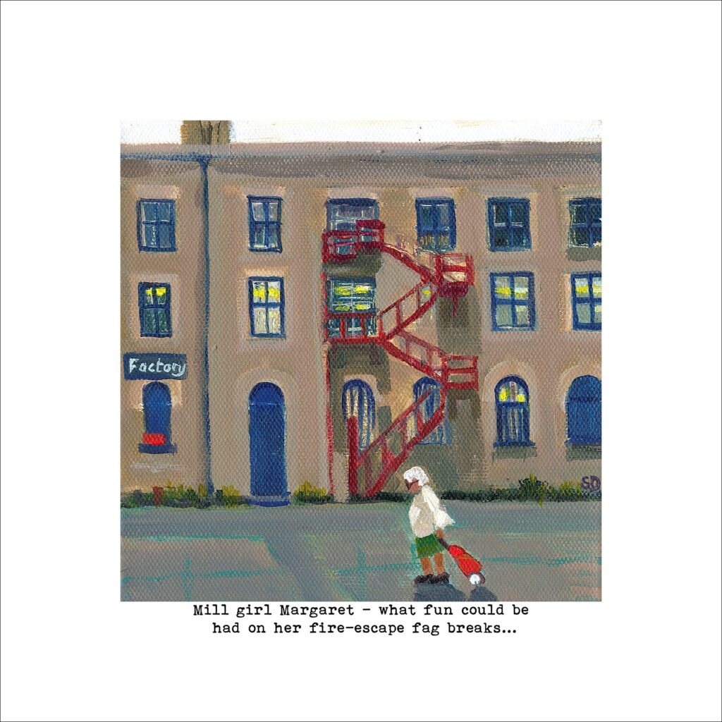 Mill Girl Margaret art print by Sue Dewhurst showing an older woman walking past a Northern factory with a red fire escape.