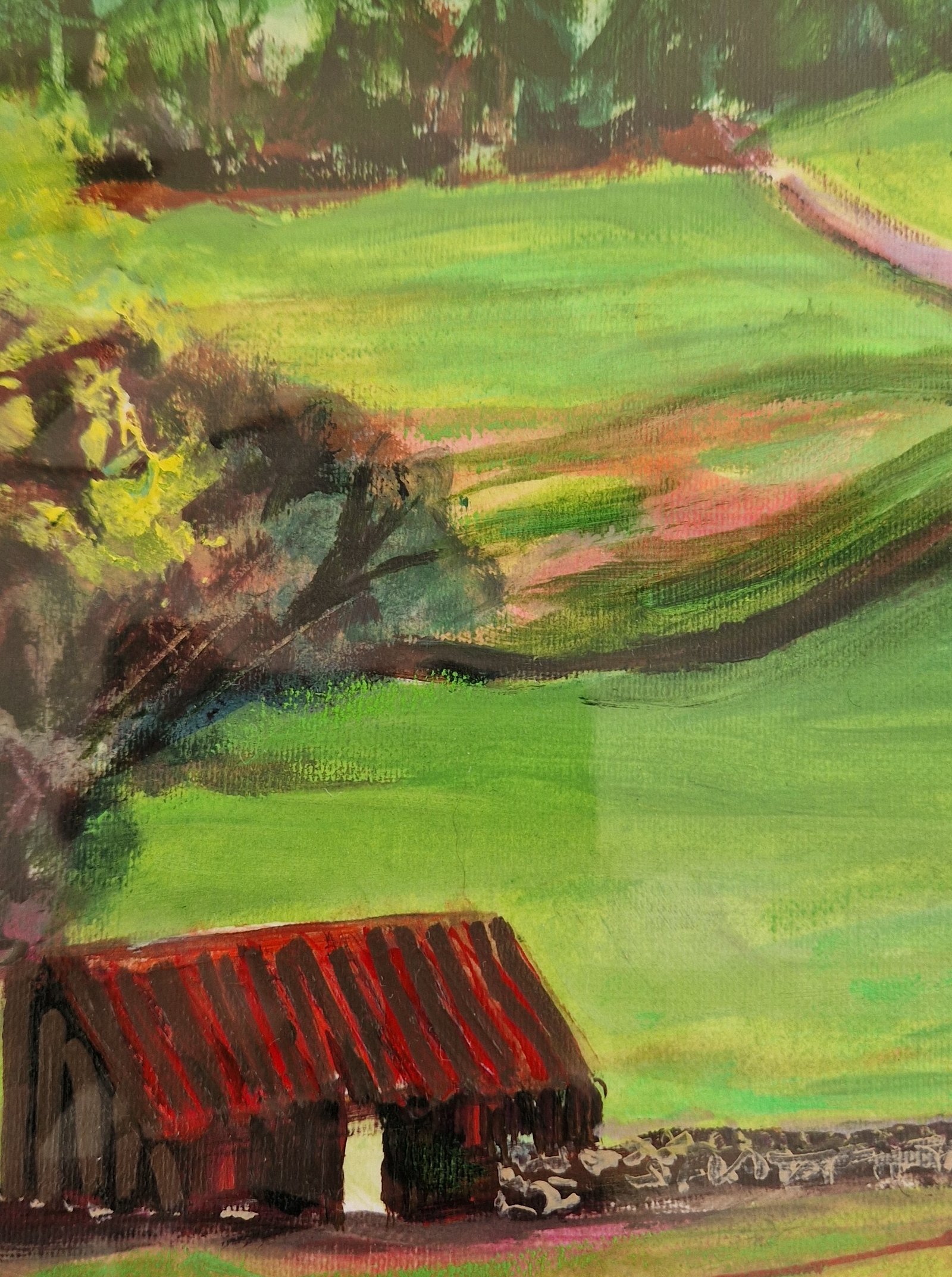Red Roof – Original Mixed Media Rural Landscape - Image 3
