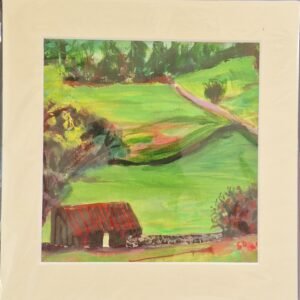 Red Roof original mixed media landscape by Sue Dewhurst showing a corrugated iron-roofed farm shelter, green hills and a winding country track.