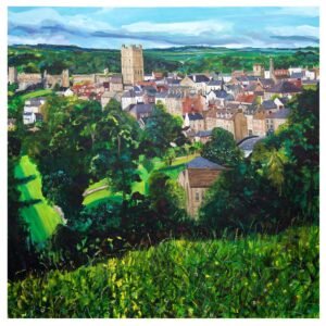 Richmond North Yorkshire market town with Richmond Castle and Yorkshire Dales countryside giclee print by Sue Dewhurst.