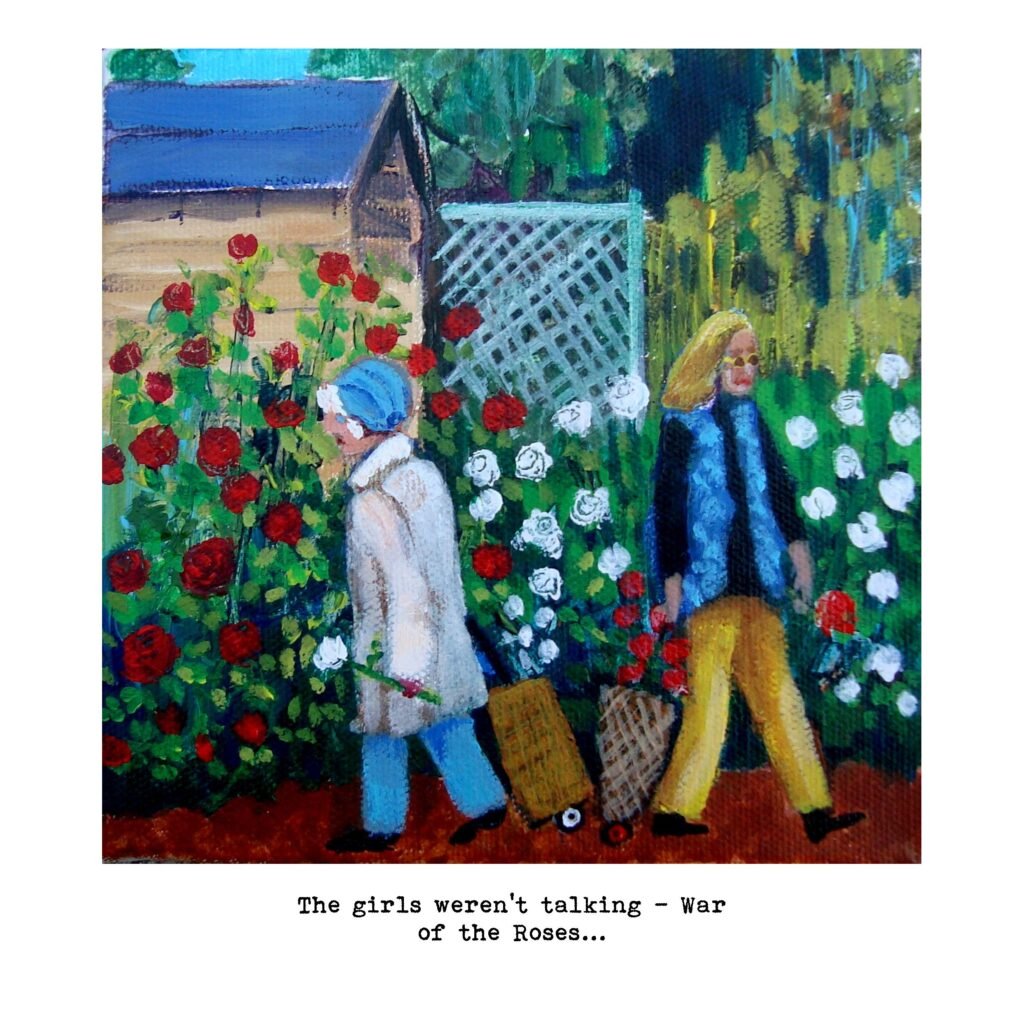 War of the Roses Owd Lasses art print by Sue Dewhurst, showing two elderly neighbours among red and white roses