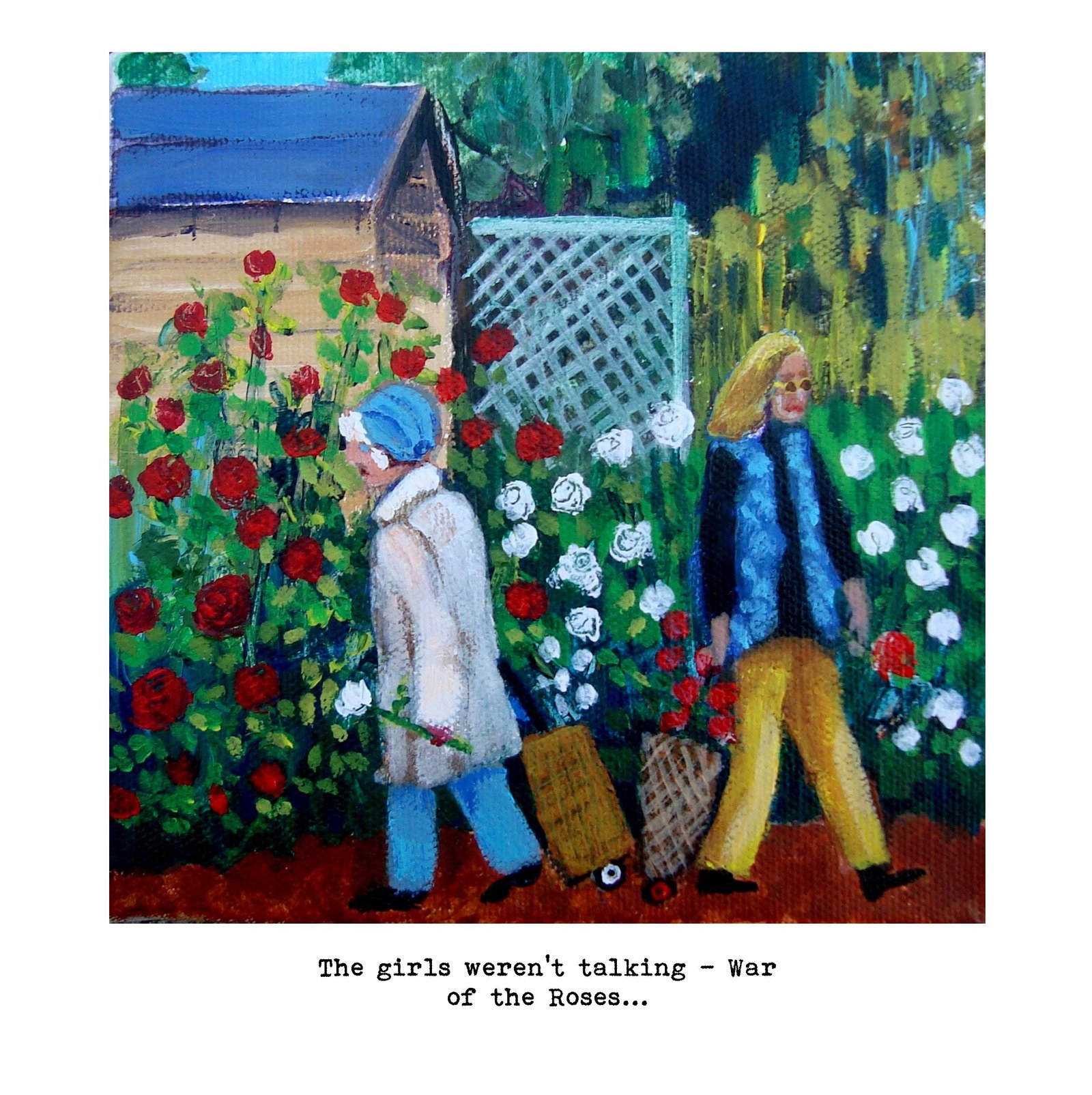 War of the Roses Owd Lasses art print by Sue Dewhurst, showing two elderly neighbours among red and white roses