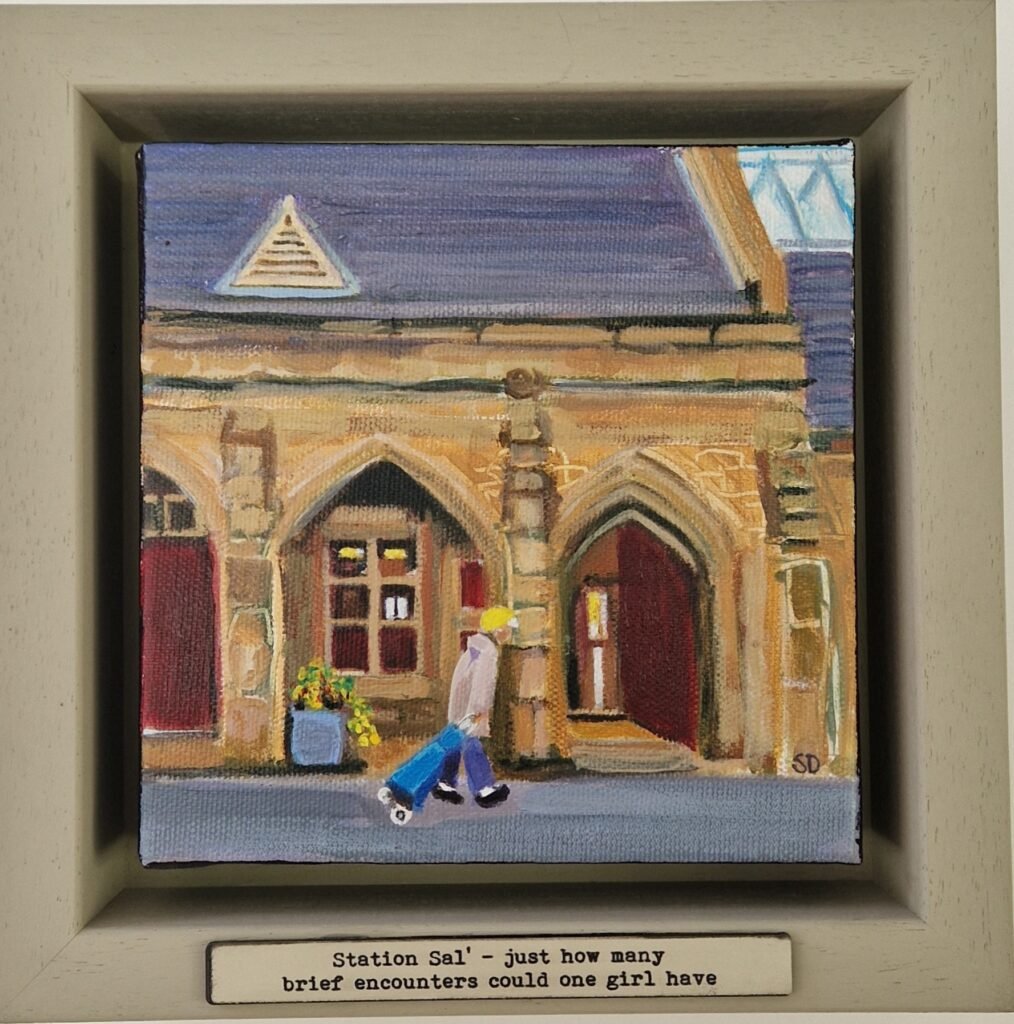 Original Owd Lass painting of a woman walking past a train station, reflecting on imagined encounters