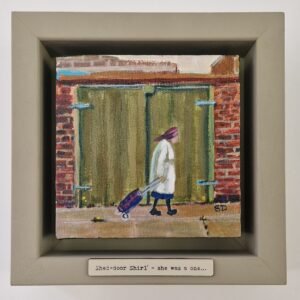 Shed-door Shirl original Northern narrative painting by British artist Sue Dewhurst inspired by Newcastle back alleys and working-class Northern life