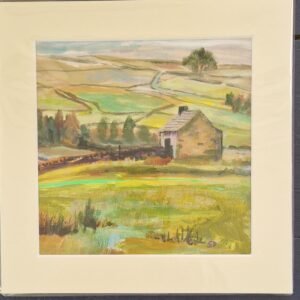Shepherd's Rest original mixed media moorland landscape by Sue Dewhurst, featuring a solitary stone barn among rolling fields.