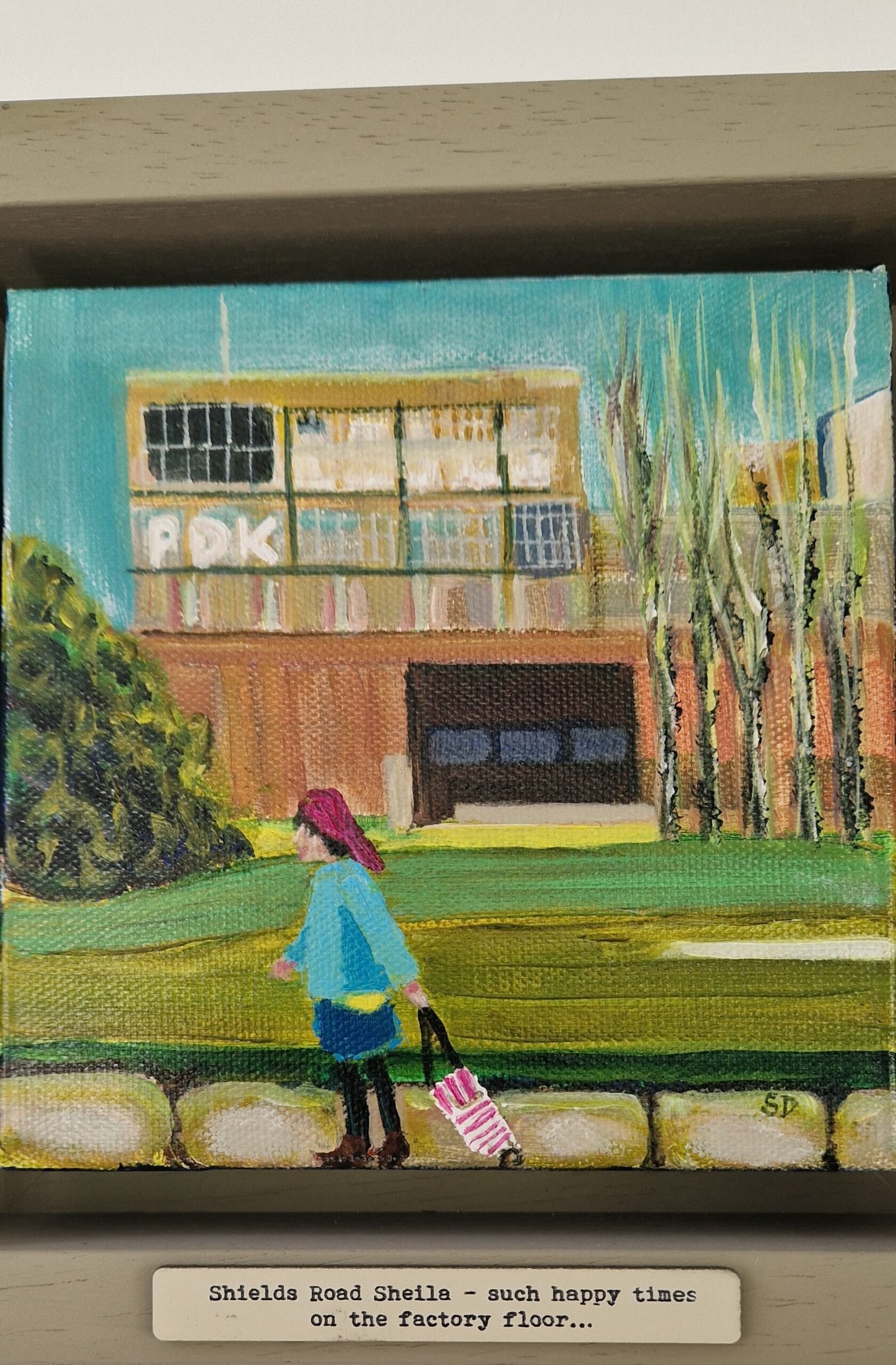 Detail from Shields Road Sheila contemporary Northern figurative painting featuring the Byker Wall in Newcastle