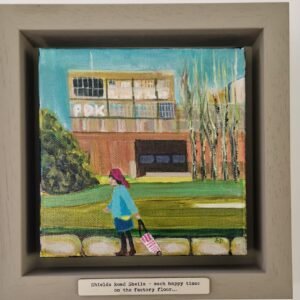Shields Road Sheila original Newcastle narrative painting by British artist Sue Dewhurst inspired by the Byker Wall and Shields Road in Newcastle
