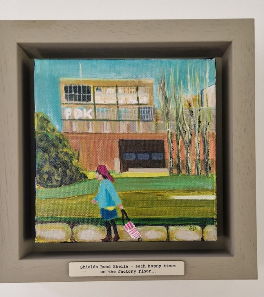 Shields Road Sheila original Newcastle narrative painting by British artist Sue Dewhurst inspired by the Byker Wall and Shields Road in Newcastle