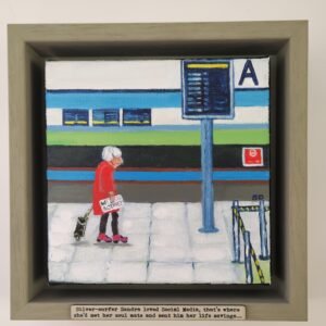 Silver-Surfer Sandra original narrative painting by British artist Sue Dewhurst depicting an older woman waiting at airport arrivals after an online romance scam