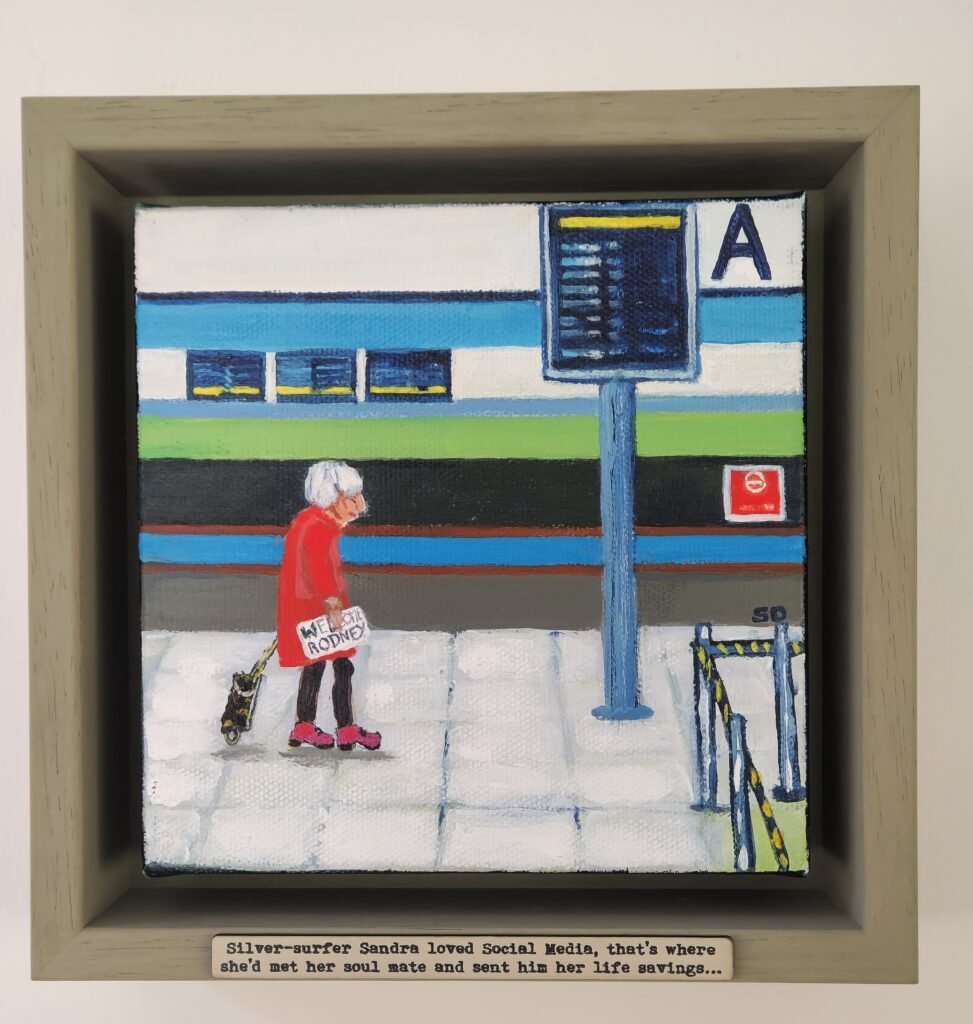 Silver-Surfer Sandra original narrative painting by British artist Sue Dewhurst depicting an older woman waiting at airport arrivals after an online romance scam