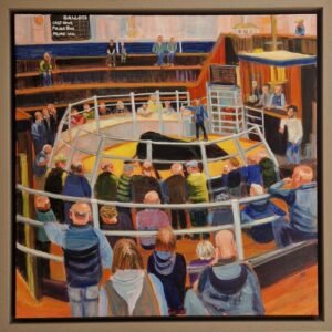 Framed original painting Bald Heads and Bulls by Sue Dewhurst, showing farmers gathered around a livestock auction ring with a prize bull.