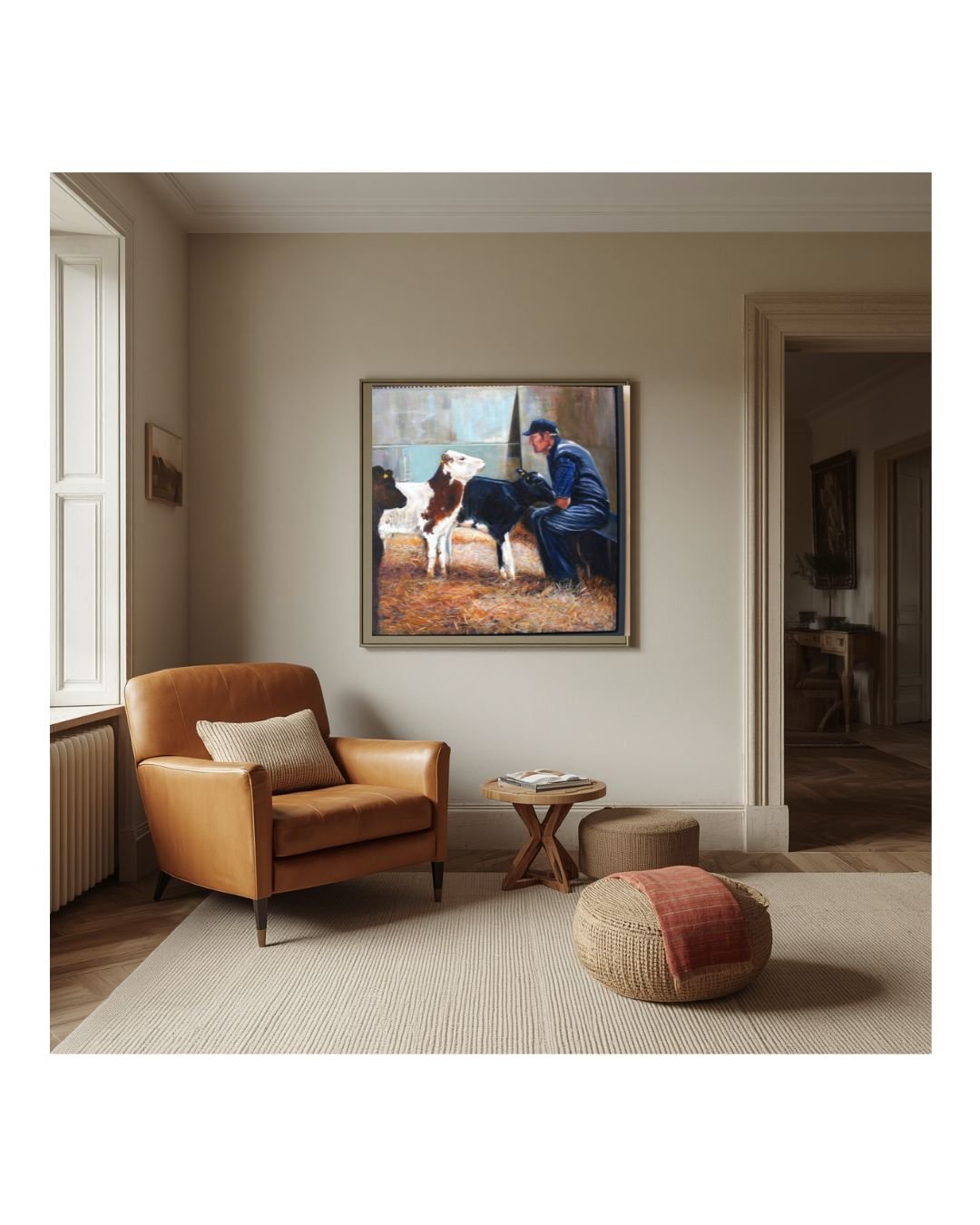 The Stare farmer and calves painting by Sue Dewhurst displayed in a refined modern country interior