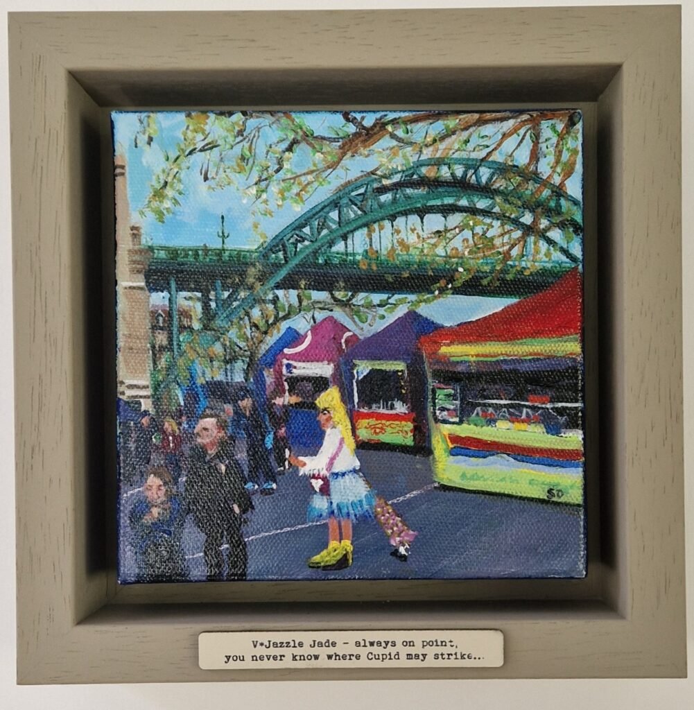 V*Jazzle Jade original Newcastle Quayside Market narrative painting by British artist Sue Dewhurst inspired by glamorous Geordie women and Newcastle market culture