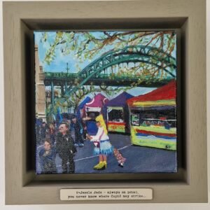 V*Jazzle Jade original Newcastle Quayside Market narrative painting by British artist Sue Dewhurst inspired by glamorous Geordie women and Newcastle market culture