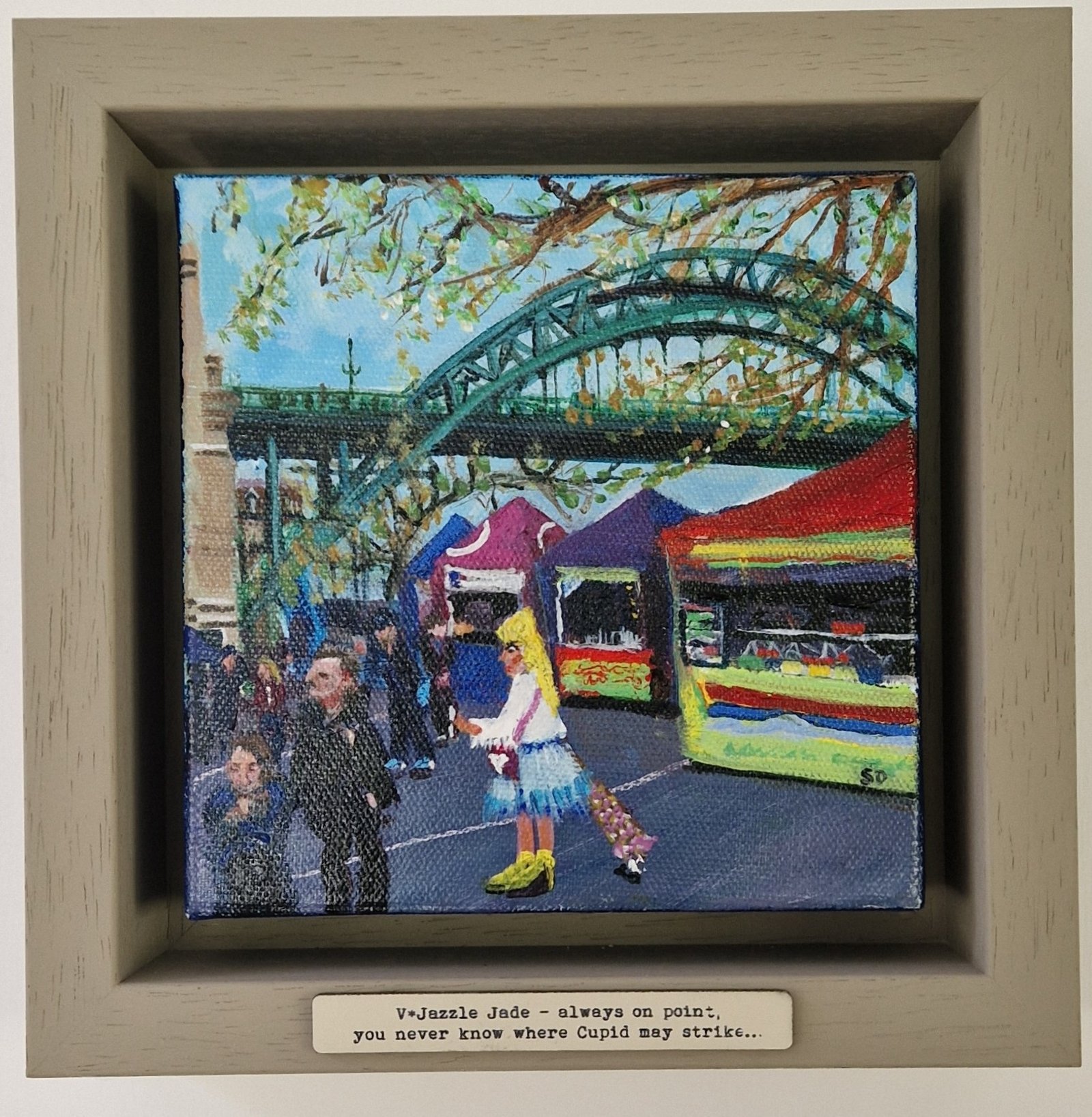 V*Jazzle Jade original Newcastle Quayside Market narrative painting by British artist Sue Dewhurst inspired by glamorous Geordie women and Newcastle market culture