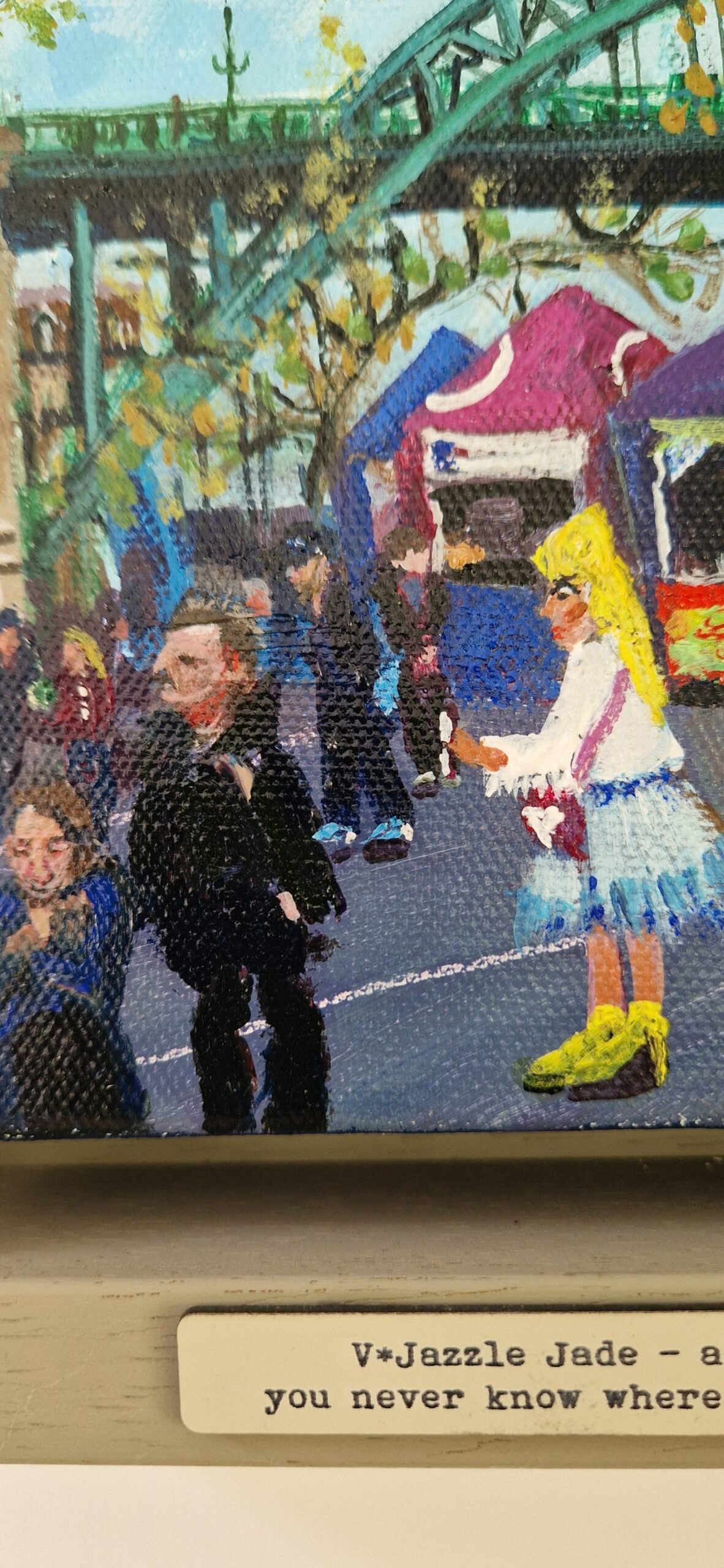 Detail from V*Jazzle Jade contemporary Northern figurative painting featuring Newcastle Quayside Market