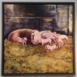 Welsh piglets and sow in straw barn acrylic painting by British rural artist Sue Dewhurst